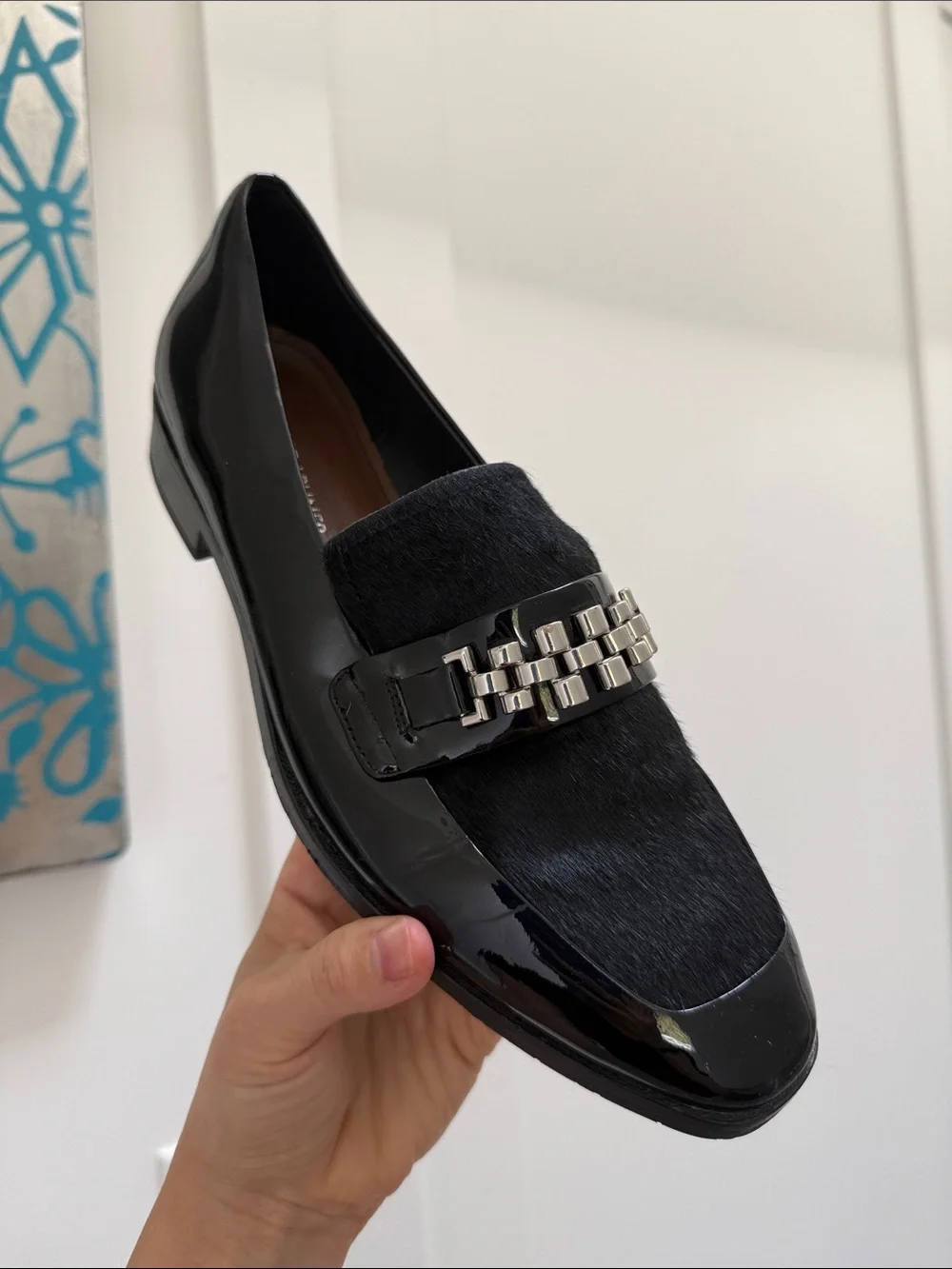 Donald J. Pliner Black Patent & Haircalf Loafers with Silver Chain
